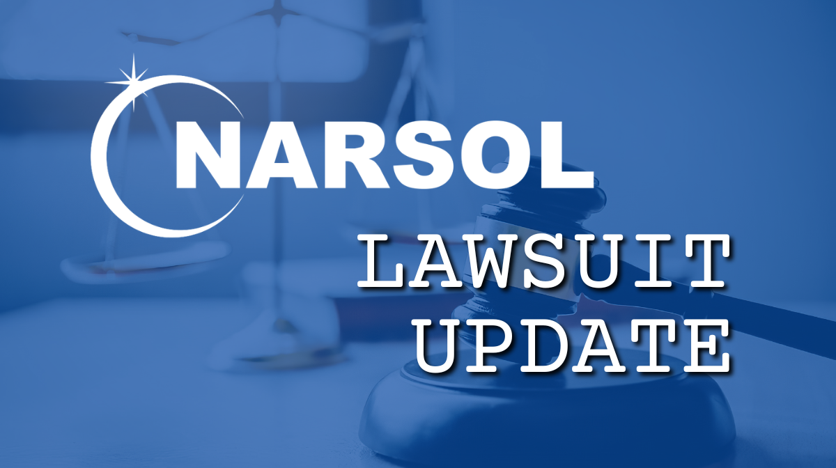 Banner showing NARSOL logo with a gavel and the text 'LAWSUIT UPDATE', signaling a legal update.