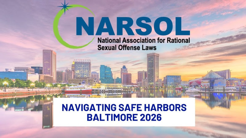 NARSOL banner over Baltimore skyline at sunset: Navigating Safe Harbors Baltimore 2026.