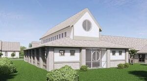 PI CHURCH - NARSOL Rendering of a light-colored residential building with a steep central gable, circular window, and wraparound single-story wings on a green lawn