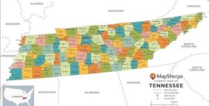 TN - NARSOL Colorful county-by-county map of Tennessee with each county labeled; inset US map shows Tennessee and MapSherpa logo.