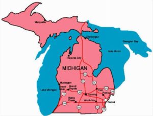 michigan - NARSOL Map of Michigan with pink landmasses and blue Great Lakes surrounding; major cities labeled on the lower peninsula (e.g., Detroit, Ann Arbor, Lansing, Grand Rapids).