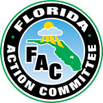 FAC - NARSOL Circular logo for Florida Action Committee (FAC) featuring a map of Florida, a sun, and blue waves.