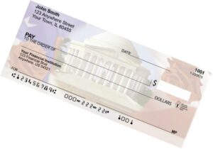 blank check - NARSOL Personal check with John Smith’s name and address, blank fields for date, payee, amount, and signature, over a faint courthouse background.